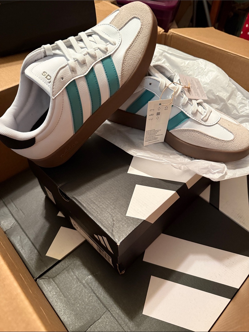 adidas White Sneakers with Teal Stripes and Gum Sole